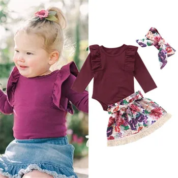 

0-24 Monthes Baby Girl Wine Red Flying Sleeve Top Floral Fringe Skirt Newborn Kids Baby Girl Clothes Ruffled Shirts Outfits Set
