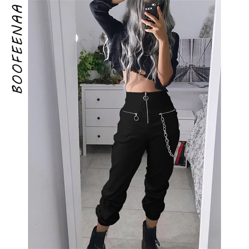 

BOOFEENAA Black High Waist Zippers Harem Pants Women Joggers Harajuku Loose Trousers with Chain Streetwear Sweatpants C80-AF00