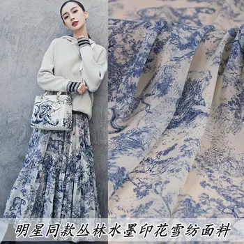 

New spring and summer jungle ink printing large swing skirt cashmere chiffon fabric diy handmade shirt fabric polyester fashion