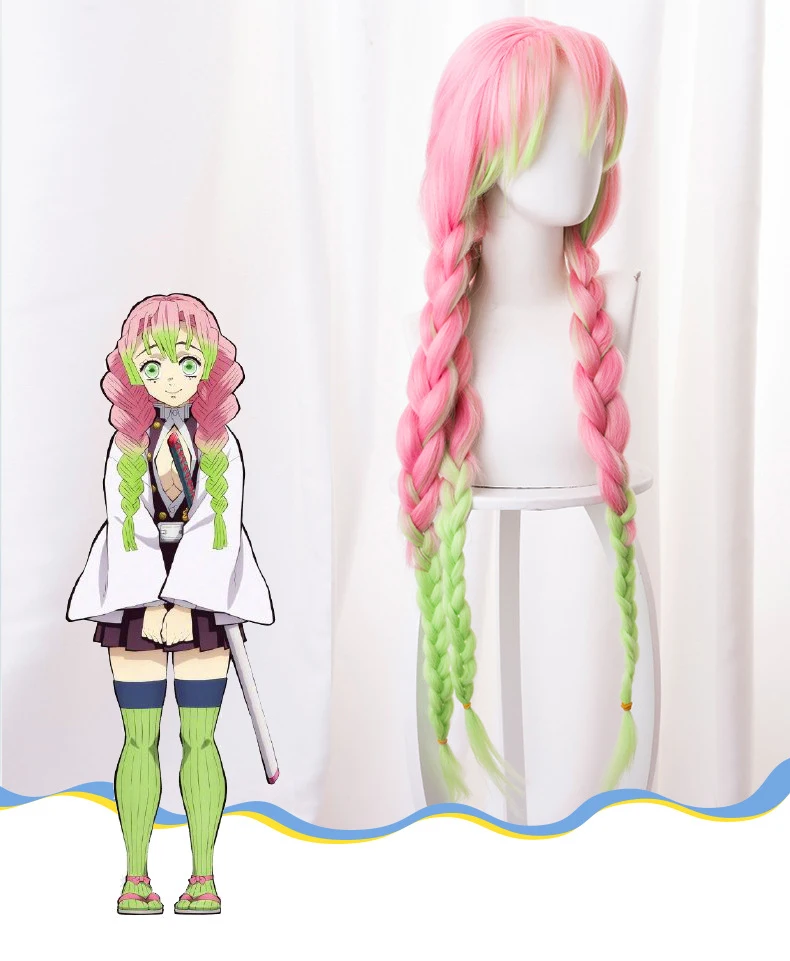 Аниме Demon Slayer Kanroji Mitsuri косплей волос 90 см розовый градиент зеленый головной убор термостойкий синтетический Perucas