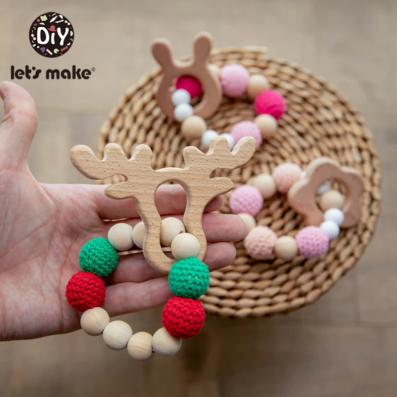 Baby Rattle Bracelet Wooden Toys Crochet Beads Baby Teether Christmas Gift Hedgehog Elk Wood Crafts Ring Engraved Let's Make baby toys,baby rattle toys