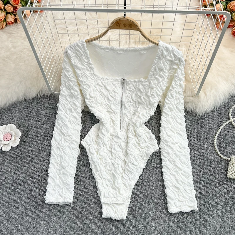 Sexy Square Collar Zipper Jacquard Romper Women Casual High Waist Long Sleeve Slim Bodysuits Female Black/White Playsuits New |