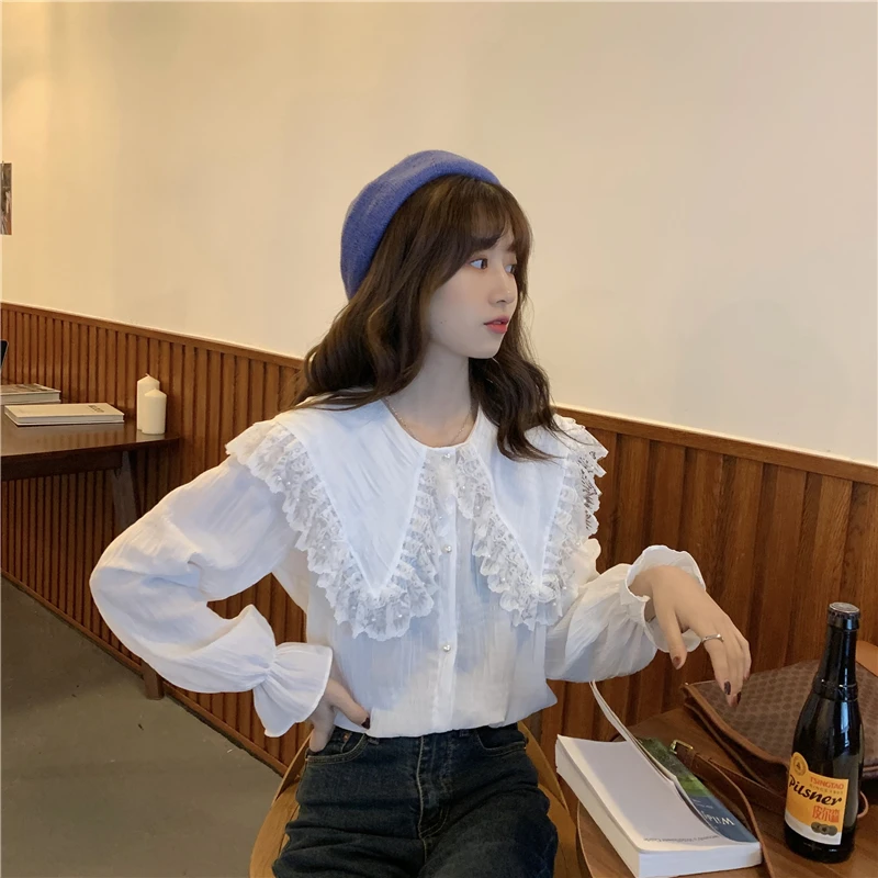 H7b9fbab58e4b4381b5328d579e6d1eab0 - Spring / Autumn Butterfly Lace Collar Long Sleeves Loose Solid Blouse