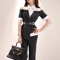 Long Pants OL Work Set 2022 Summer Women Single Breasted two-piece Set Stripe Bare shoulders Suits Female Blazer Jacket Pant Long Pants OL Work Set 2022 Summer Women Single Breasted two-piece Set Stripe Bare shoulders Suits Female Blazer Jacket Pant