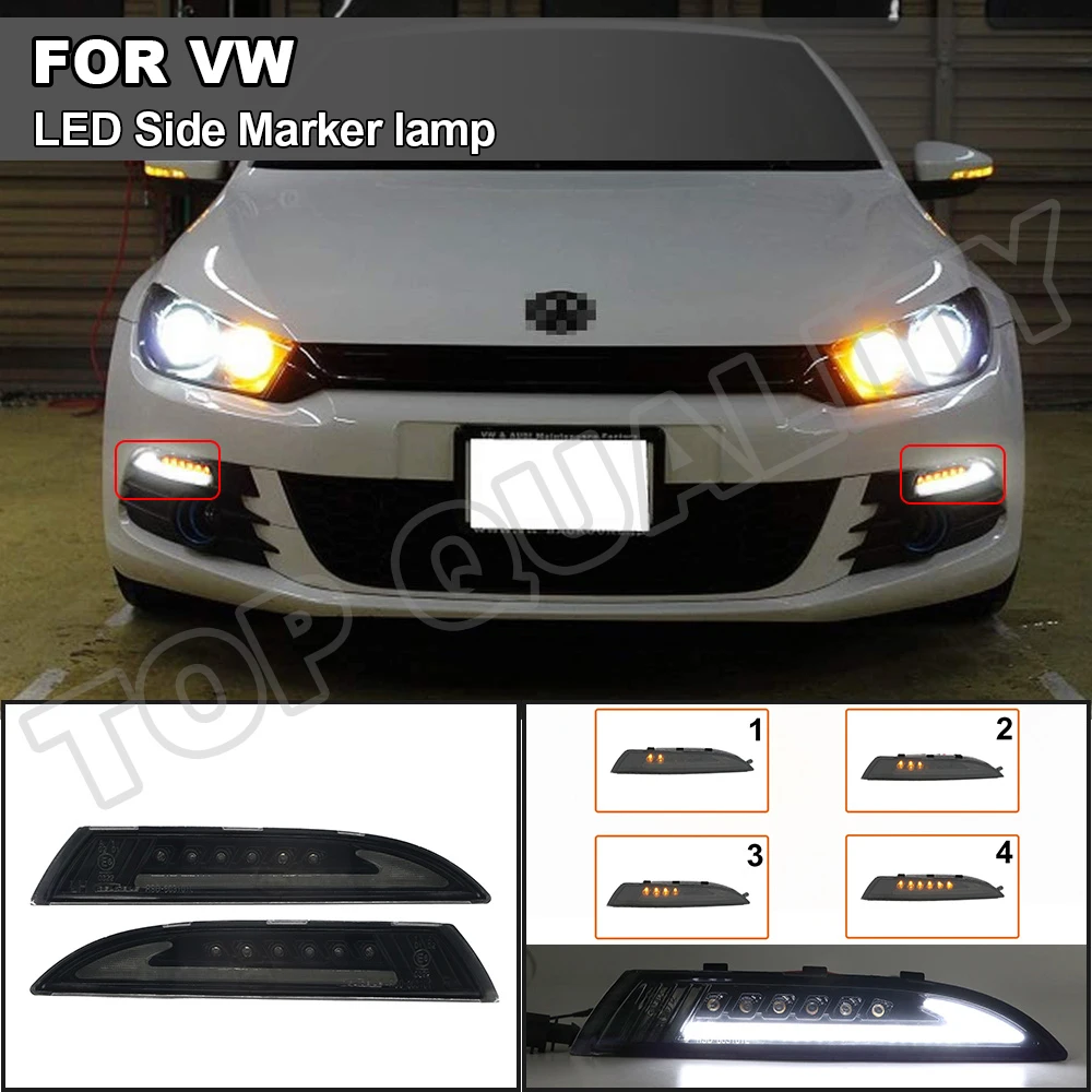 2Pcs For VW Scirocco 2008- Volkswagen Smoked Dynamic LED Side Marker Bumper Lamp Amber Turn Signal lights White Corner Lamps