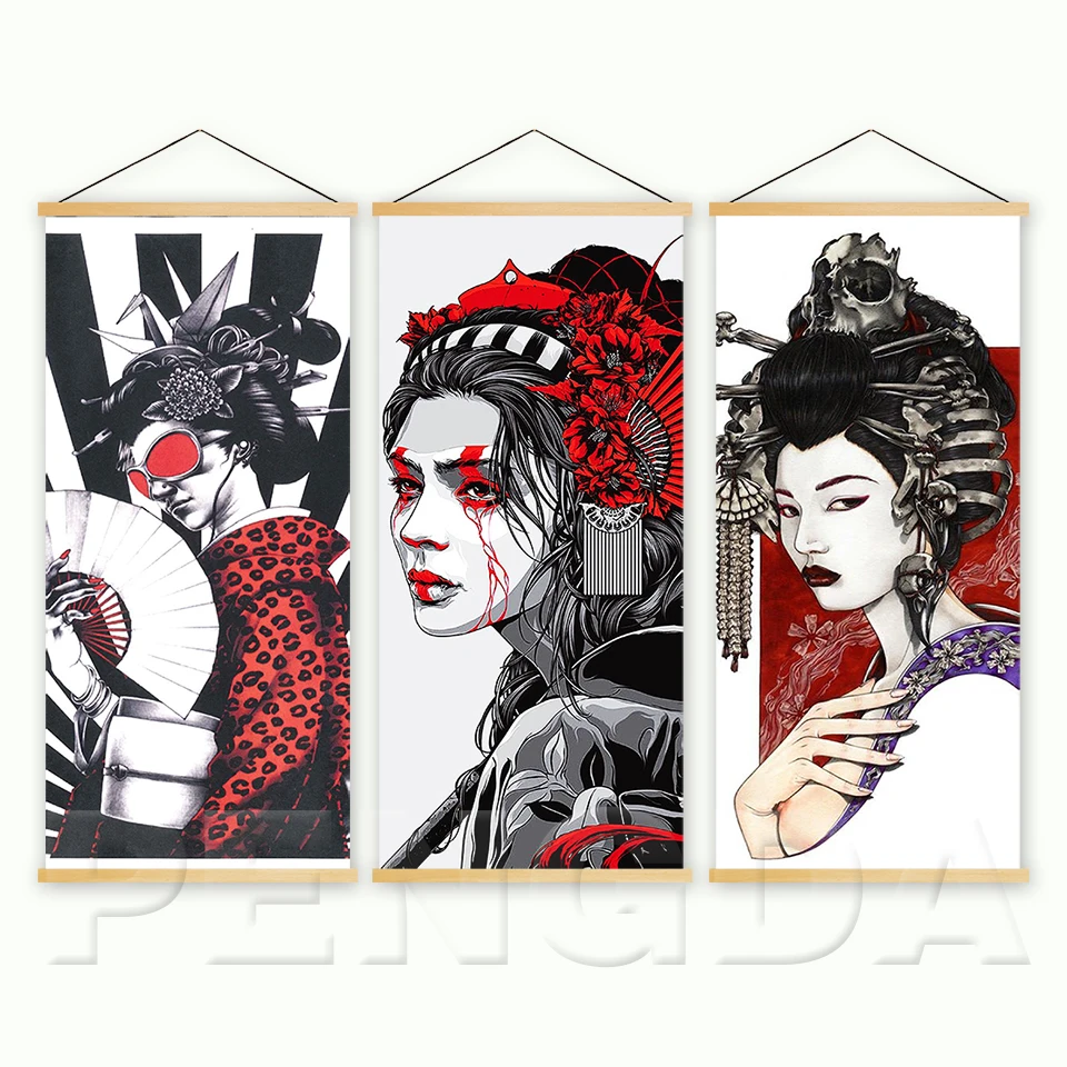 Japanese Geisha Hanging Scroll Painting Canvas Tapestry Wall Art Room Decor EAN 