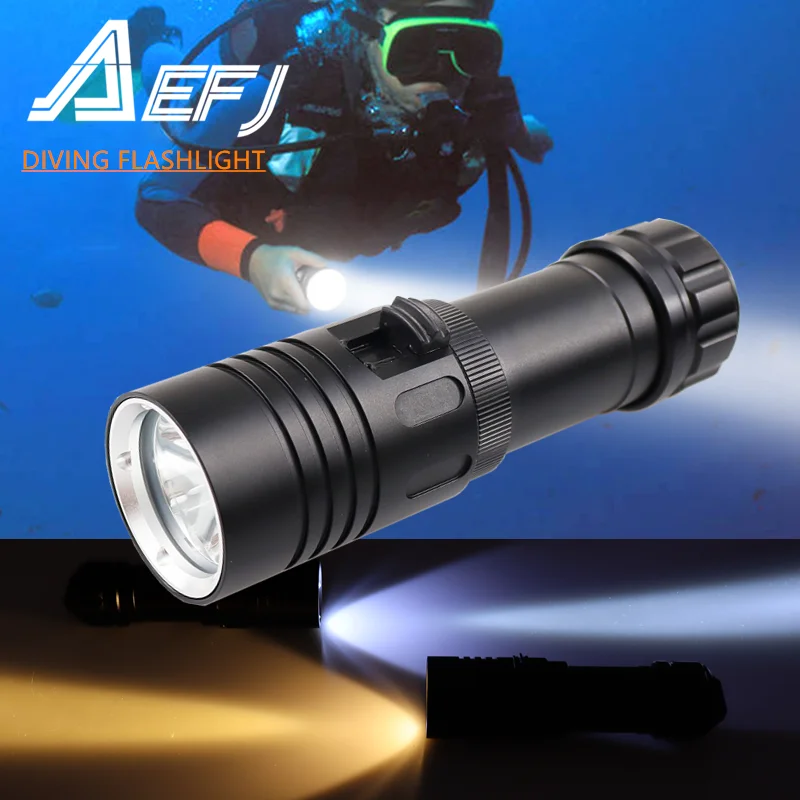 US $11.19 Waterproof IPX8 Diving Flashlight XML2 Yellow White LED Torch Dive Underwater 80M Lamp Light Camping Use 26650 18650 Battery