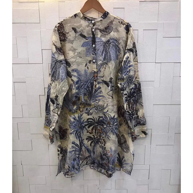 

Cotton shirt women's high-quality round neck long-sleeved printed casual loose comfortable long shirt top