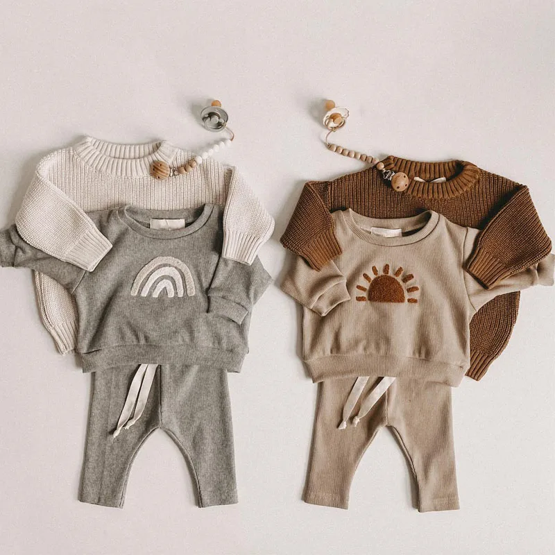

Spring Autumn Kids Boy Girls Clothes Cotton Rainbow Clothing Sets Long Sleeve Pullover+pants Infant Clothes 2pcs Suit Outfits