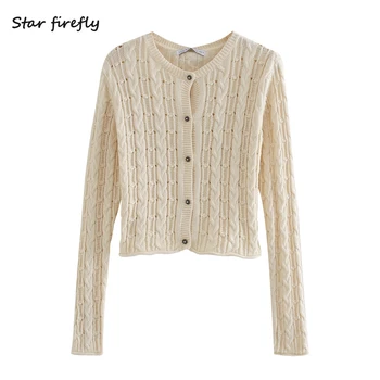 

Star firefly fashion Za knitted coat female 2020 summer casual slim round neck single-breasted jacquard mesh cardigan women