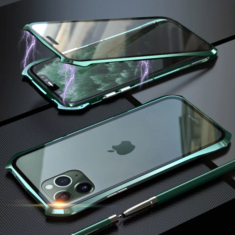Для iPhone 11 Pro Max 11 чехол, стиль летучая мышь тонкая металлическая рамка, взрывозащищенный чехол из закаленного стекла с магнитной адсорбцией