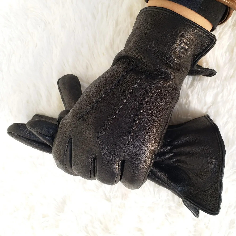 New men's 100% sheepskin gloves, deer skin pattern design, warm and soft men's leather gloves, men's mittens with plush lining winter cycling gloves mens