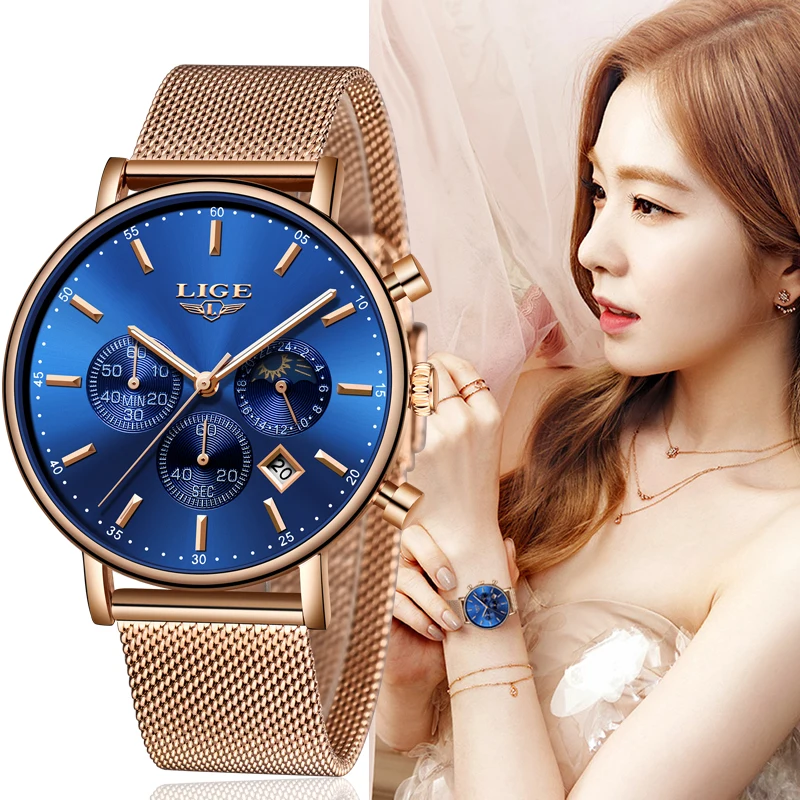 

LIGE Top Brand Fashion Luxury Rose Gold Blue WristWatch Casual Fashion Women Watches Quartz Clock Gift Watch Woman Montre Femme