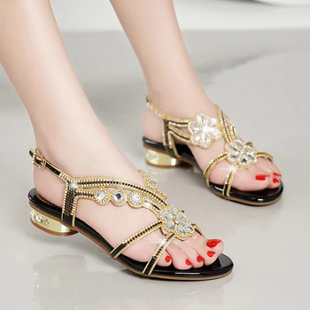 

Luxury Sandal Women Bling Rhinestone Sandals Low-heeled Sandalsl Ladies Elegant Ankle Strap Sandals Beach/Party Shoes H20605-4