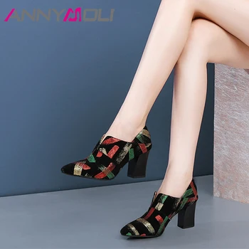 

ANNYMOLI Women Pumps High Heels Kid Suede Block High Heel Shoes Genuine Leather Mixed Colors Pointed Toe Shoes Lady Fall Size 39