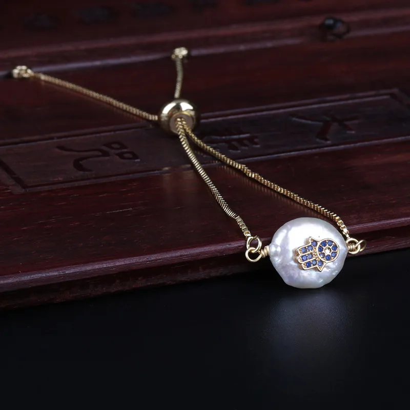 Темно-синий cz Кристалл крошечная рука Фатимы защитный Амулет Хамса Шарм пресноводный жемчуг шарик звено браслет для женщин Свадьба подарок на день рождения