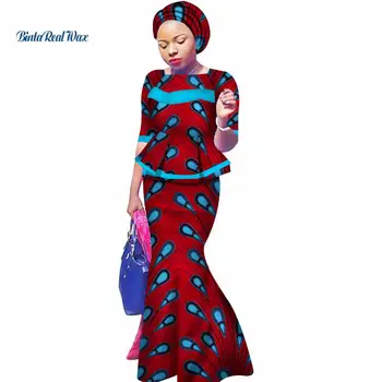 

Fashion Bazin African Clothing Red 2 Piece Skirts Sets African Clothes Tops and Skirt Sets with Head Wrap for Women WY3191