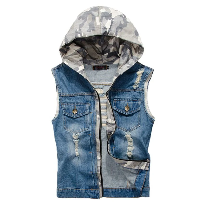 Idopy New Men's Denim Vest Fashion Casual Camouflage Hooded Sleeveless