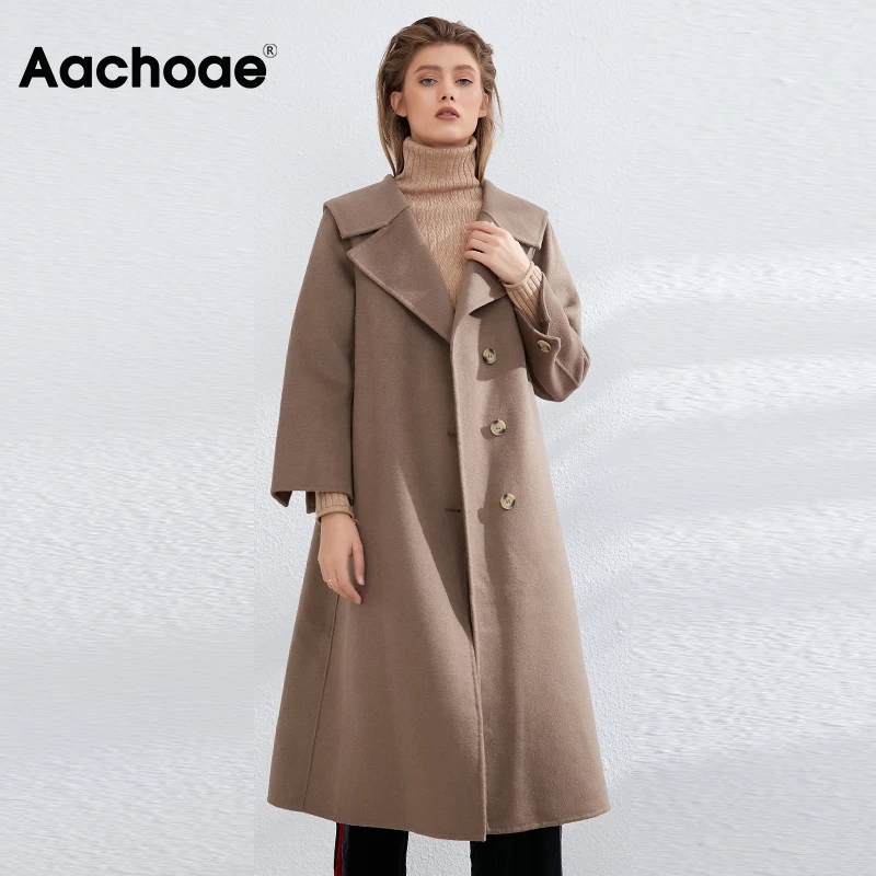 Aachoae Women Elegant Long Wool Coat Solid Casual Office Wear Lady ...