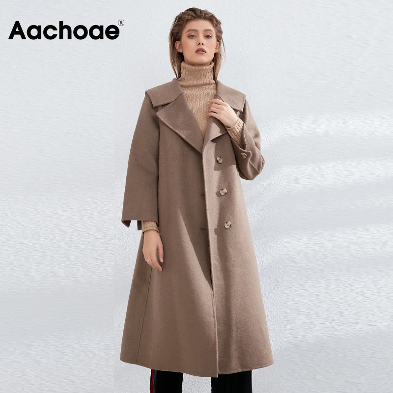 Aachoae Women Elegant Long Wool Coat Solid Casual Office Wear Lady
