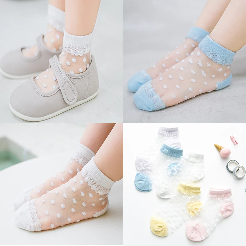 5 Pairs/Lot Summer Girls Socks Lovely Dot Crystal Silk Kids Socking Children Baby Girl Mesh Breathable Elastic Lace Sock new summer baby girls kids mesh socks fashion lace ruffle frilly ankle short sock breathable princess children girl dance socken