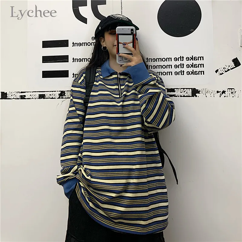 Lychee Harajuku хит цветная полосатая Женская Футболка свободная на молнии женские пуловеры Топы хлопковые винтажные весенние женские футболки тройники