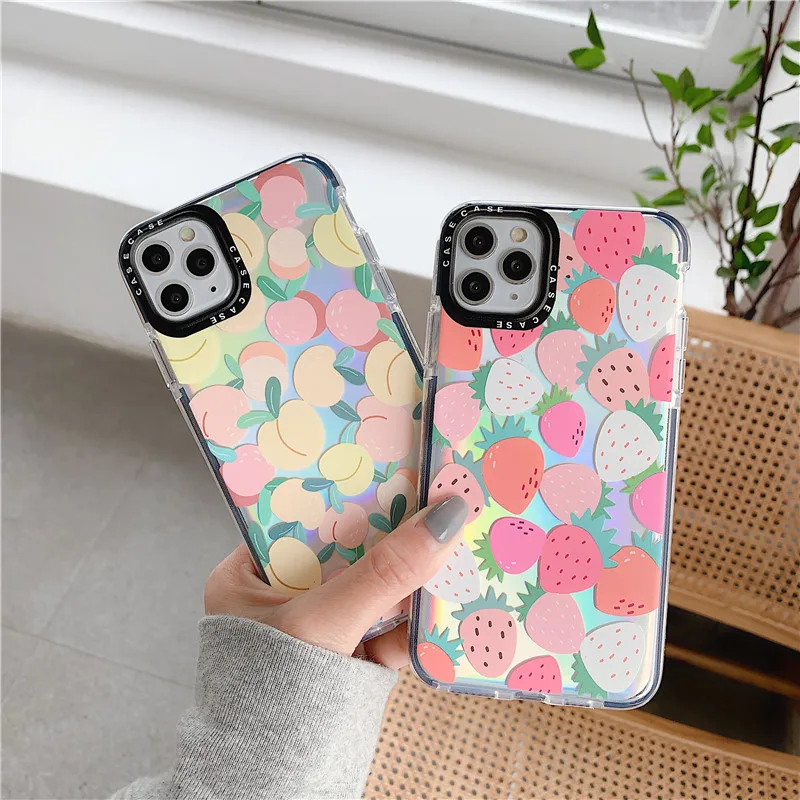 New Kawaii Laser Strawberry Peach Phone Case For iPhone 11Pro Max X XR XS 7 8 Plus Transparent Fruit Coverr | Мобильные телефоны и