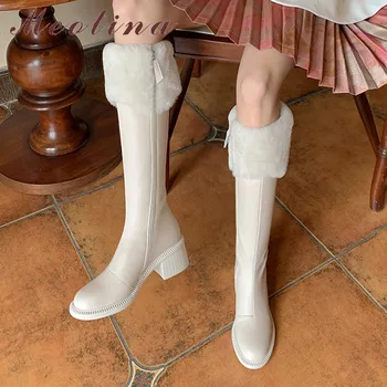 

Meotina High Heel Women Boots Genuine Leather Knee High Boots Thick Heel Shoes Zip Round Toe Ladies Long Boots Fur Winter Beige