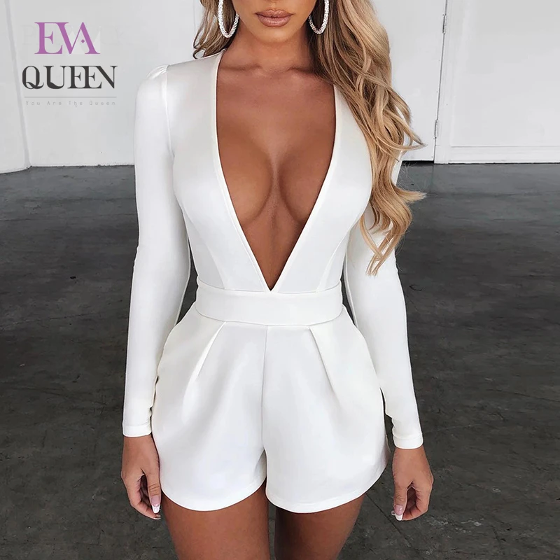 EvaQueen 2020 Summer Autumn Sexy Bodysuit Women V Neck Long Sleeve Zipper Bodycon White Romper Club Party Casual Jumpsuit Female |