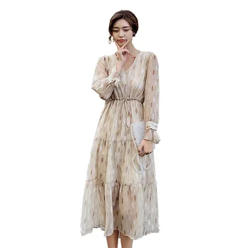 

Women Chiffon Dress 2019 Spring Summer Dress Women's V-Neck Long Sleeve Floral Dress High Waist Tie Big Swing Tail Dress