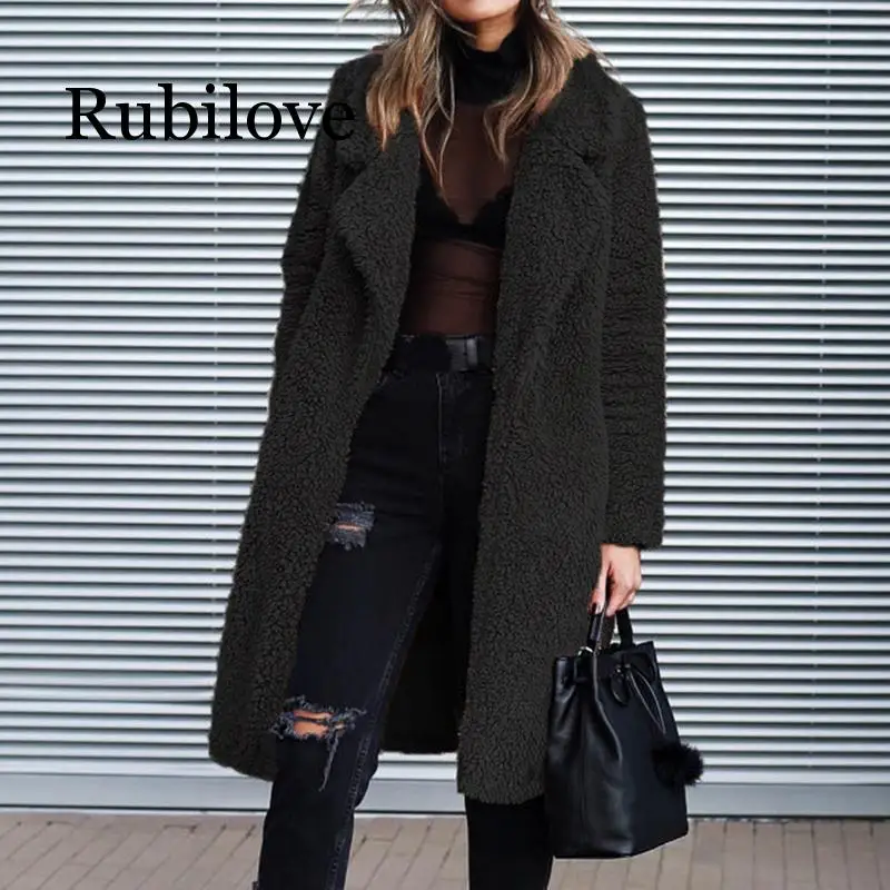 Rubilove осенне-зимняя модная женская длинная верхняя одежда из искусственного меха, куртки, теплое плюшевое пальто, Повседневная Уличная одежда, Женская куртка