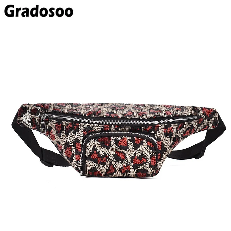 Gradosoo нейлоновая блестящая леопардовая поясная сумка женская уличная модная поясная сумка на плечо поясная сумка для женщин сумка через плечо LBF395