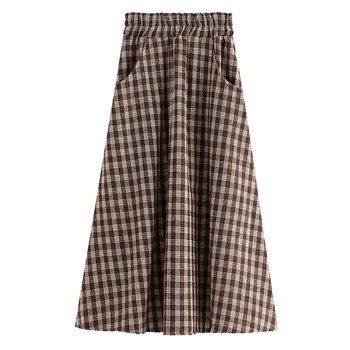 

Plaid Skirts Women 2019 New Autumn Winter Korean Edition Elastic High Waist Pocket Woolen A Line Midi Skirt Elegant OL Skirt
