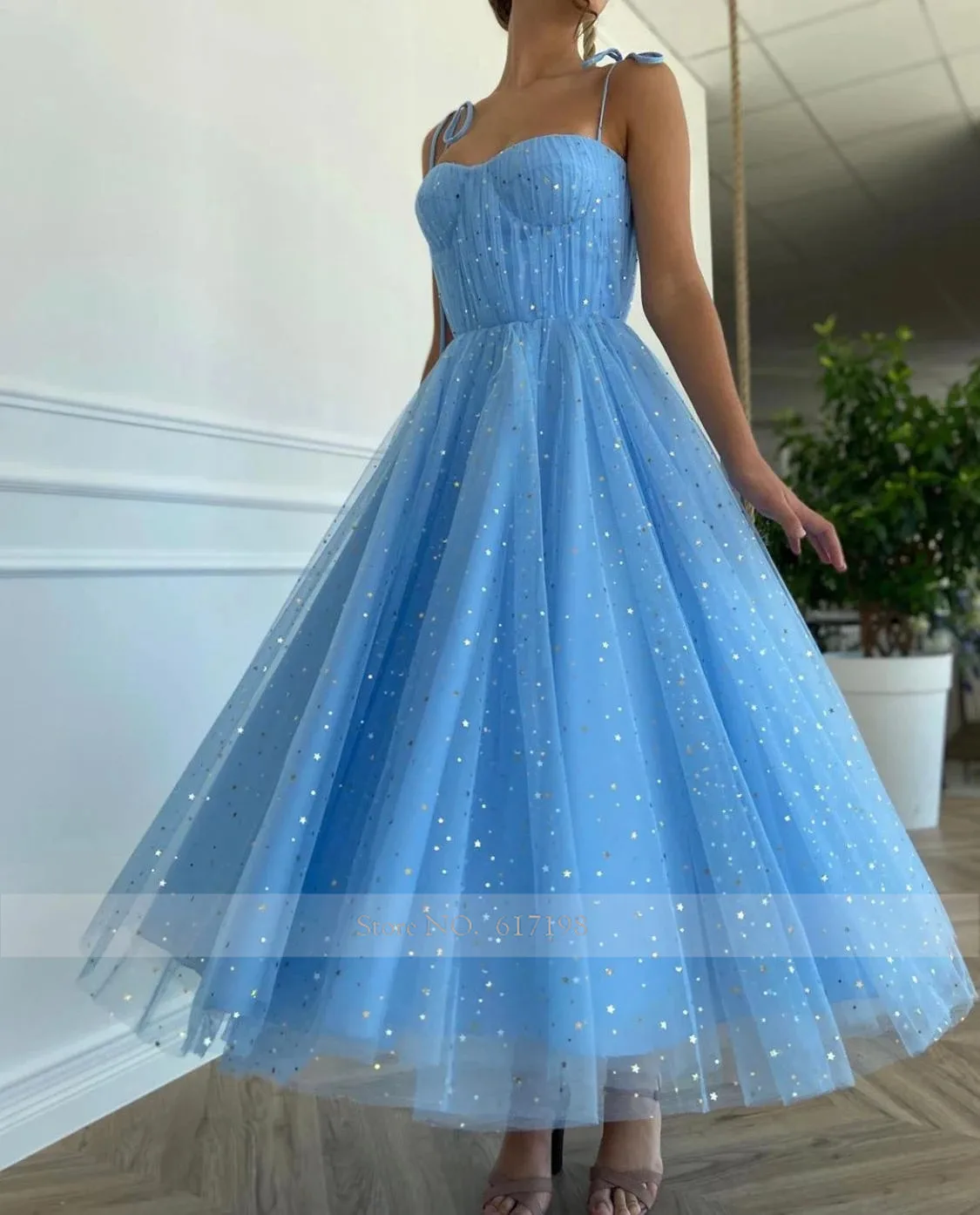 satin prom dress Blue Prom Dresses Pleats Beads Applqiues Sweetheart Spaghetti Straps Tulle Tea Length A-Line Evening Gowns ball gown dress