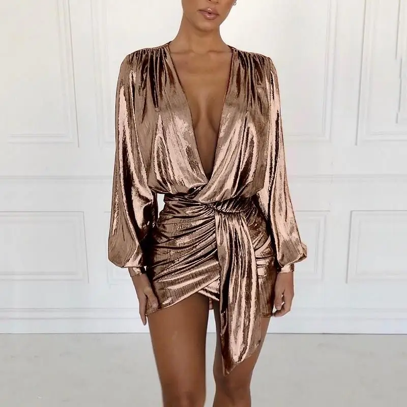 

Metallic Plunge Short Party Dress Casual Women Deep V Neck Sexy Dresses Mini Bodycon Irregular Mini Club Dress