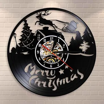 

Christmas Characters Wall Clock Reindeer Santa Clause on Sleigh Vinyl Record Wall Clock Merry Christmas Symbols Housewarming Git