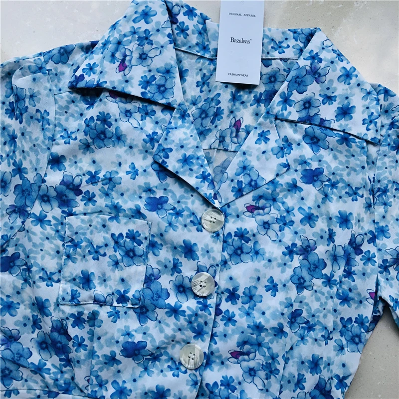 Bazaleas, женские винтажные платья на пуговицах с v-образным вырезом, синее летнее платье с цветочным принтом, повседневные платья с карманами, Прямая поставка