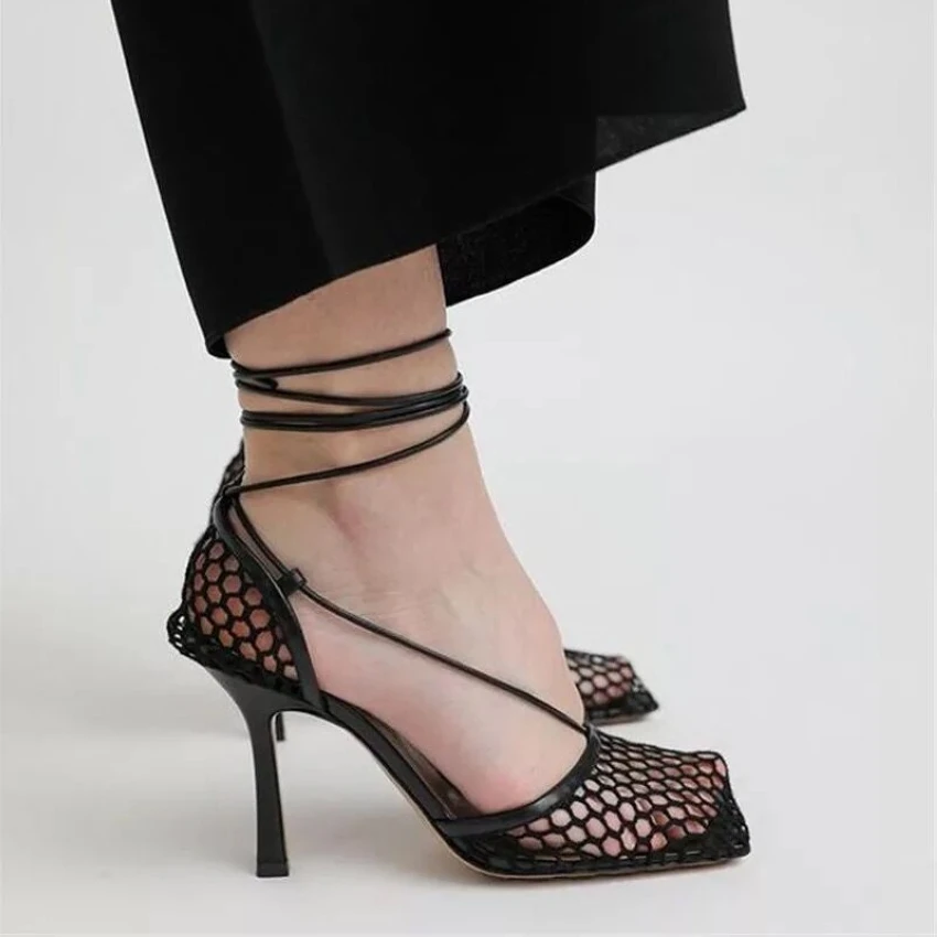 Women High Heels Sexy Green Mesh Square Toe Lace Up Cross-tied Stiletto hollow for Party women high heels platform high heels sandals