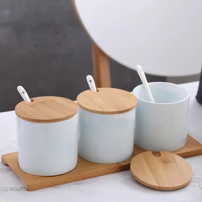 Ceramic Spice Jar Three-piece Marble Pattern Spice Jar Creative Seasoning Box Set Kitchenware Seasoning Bottle Spice Container - Color: 3-piece suit