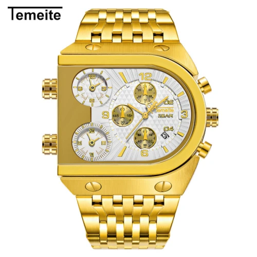 Лучший бренд TEMEITE часы мужские с большим циферблатом 3 часовых поясов военные часы водонепроницаемые роскошные золотые спортивные мужские часы Relogio Masculino - Цвет: gold white