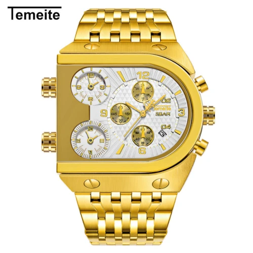 gold white Лучший бренд TEMEITE часы мужские с большим циферблатом 3 часовых поясов военные часы водонепроницаемые роскошные золотые спортивные мужские часы Relogio Masculino - Цвет: gold white
