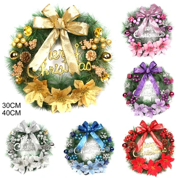

Christmas Handmade Wreaths Artificial Garlands With Bells Bowknot Xmas Front Door Wall Decoration 30/40CM