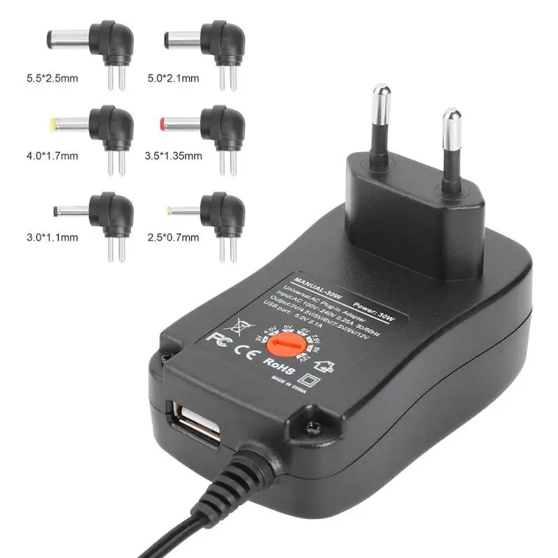 Универсальный 3 в/4,5 В/5 В/6 в/7,5 в/9 В/12 В 1A Регулируемый USB адаптер питания 30 Вт Зарядное устройство адаптер ЕС/США/Великобритания вилка