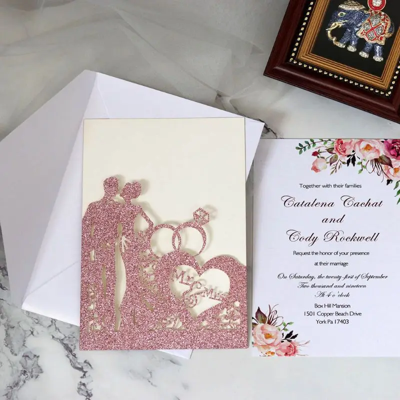  10pcs/set Glitter Laser Cut Ring Wedding Invitations Card Wedding Party Supplies - 4.00031E+12