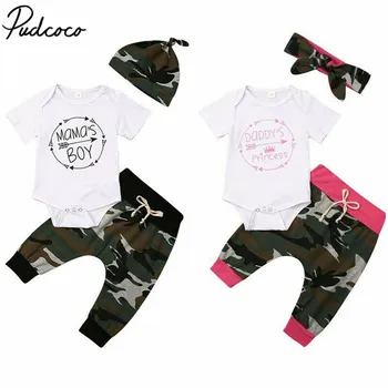 

2019 Baby Girl Boy Matching Clothes Infant Baby Short Sleeve Letter Print Bodysuit+Camouflage Pants+Headband 3Pcs Outfits 0-18M