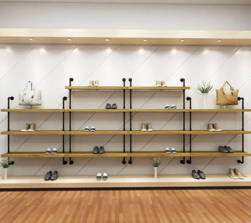 

Antique shoe store shoe rack display rack wall solid wood multi-layer shoe rack iron men's and women's clothing store shoe rack