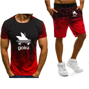 

Anime Dragon Ball Z Print Trend Men T-Shirts Casual Cotton Gradient Short Sleeve Son Goku Mens O Collar T-Shirts + Shorts Suit