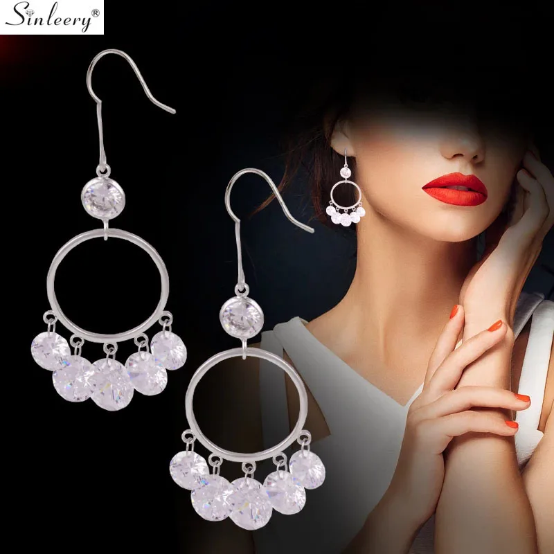 

SINLEERY Elegant Big Circle Drop Earrings For Women Silver Color Clear Cubic Zirconia Wedding Earrings Fashion Jewelry ES732 SSI