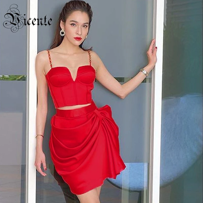 Женский костюм-двойка с бантом VC красный костюм драпировкой Короткие топы и