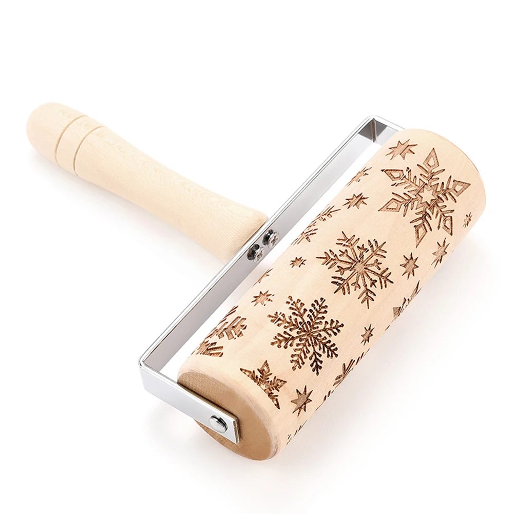 Christmas Wooden Elk Tree Snowflake Engraved Rolling Pin Embossing Dough Roller Holiday Baking Supplies